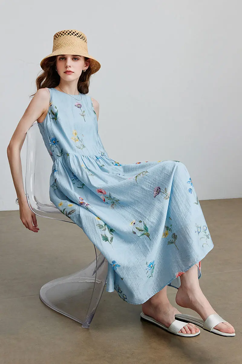 Blue Floral Linen Sleeveless Fit & Flare Midi Dress - HBQMJX