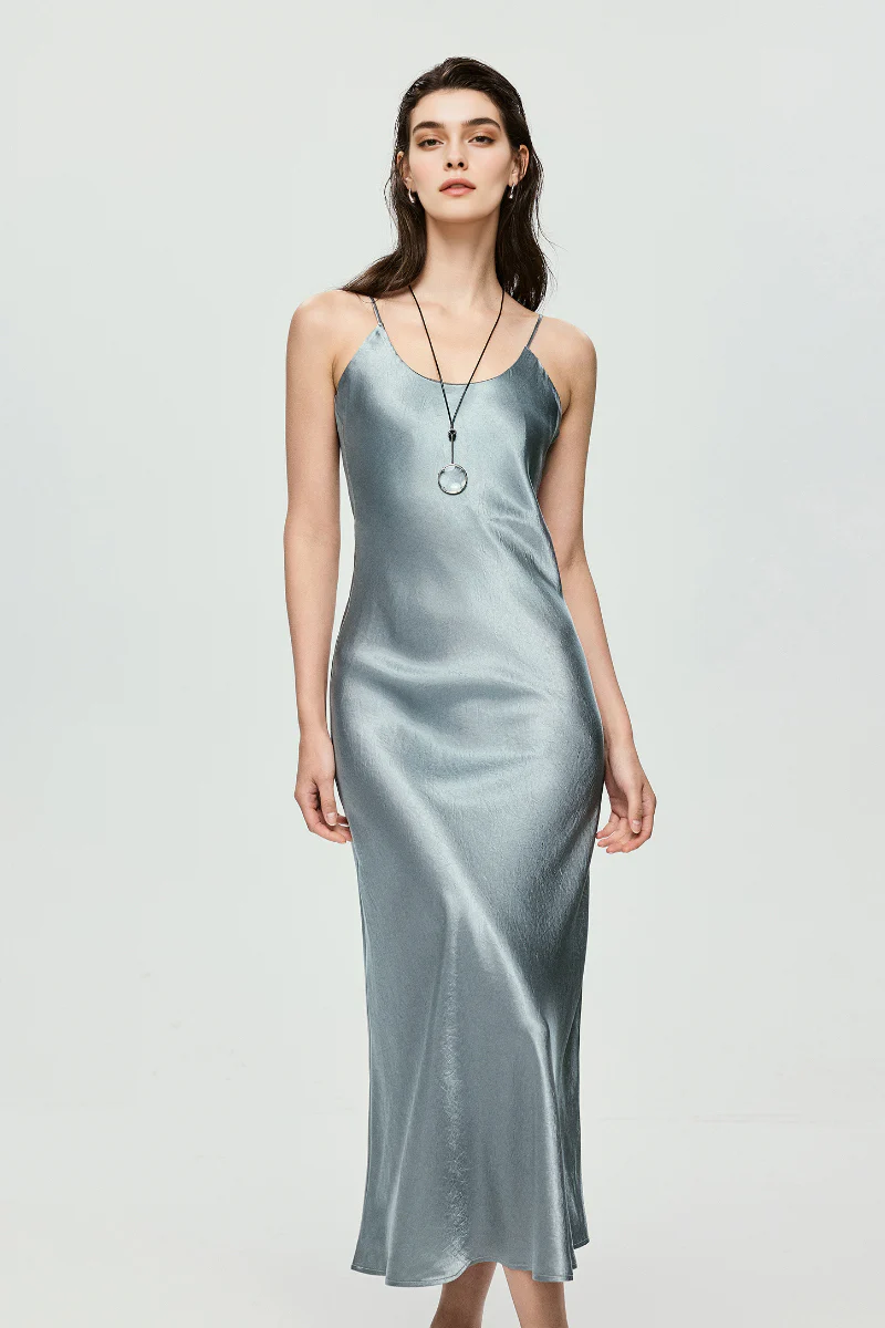 Silver Bias Cut Satin Slip Midi Dress - HBQMJX