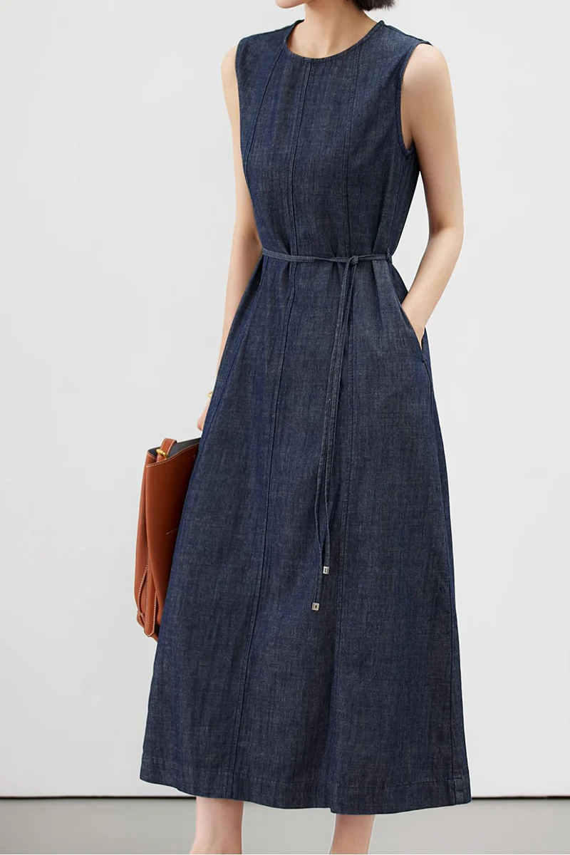 Paneled Sleeveless Denim A-Line Dress with Belt - HBQMJX