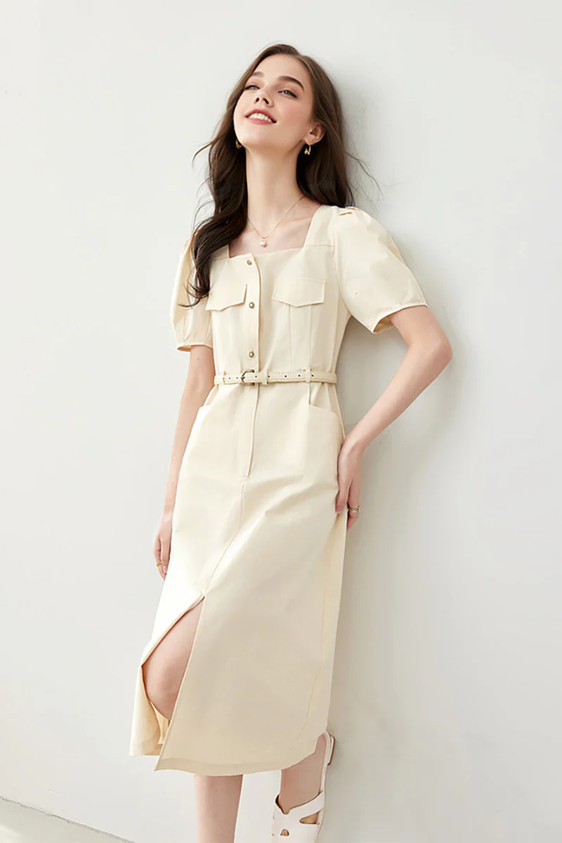 Ivory Cargo Square-Neck Belted Midi Dress - HBQMJX