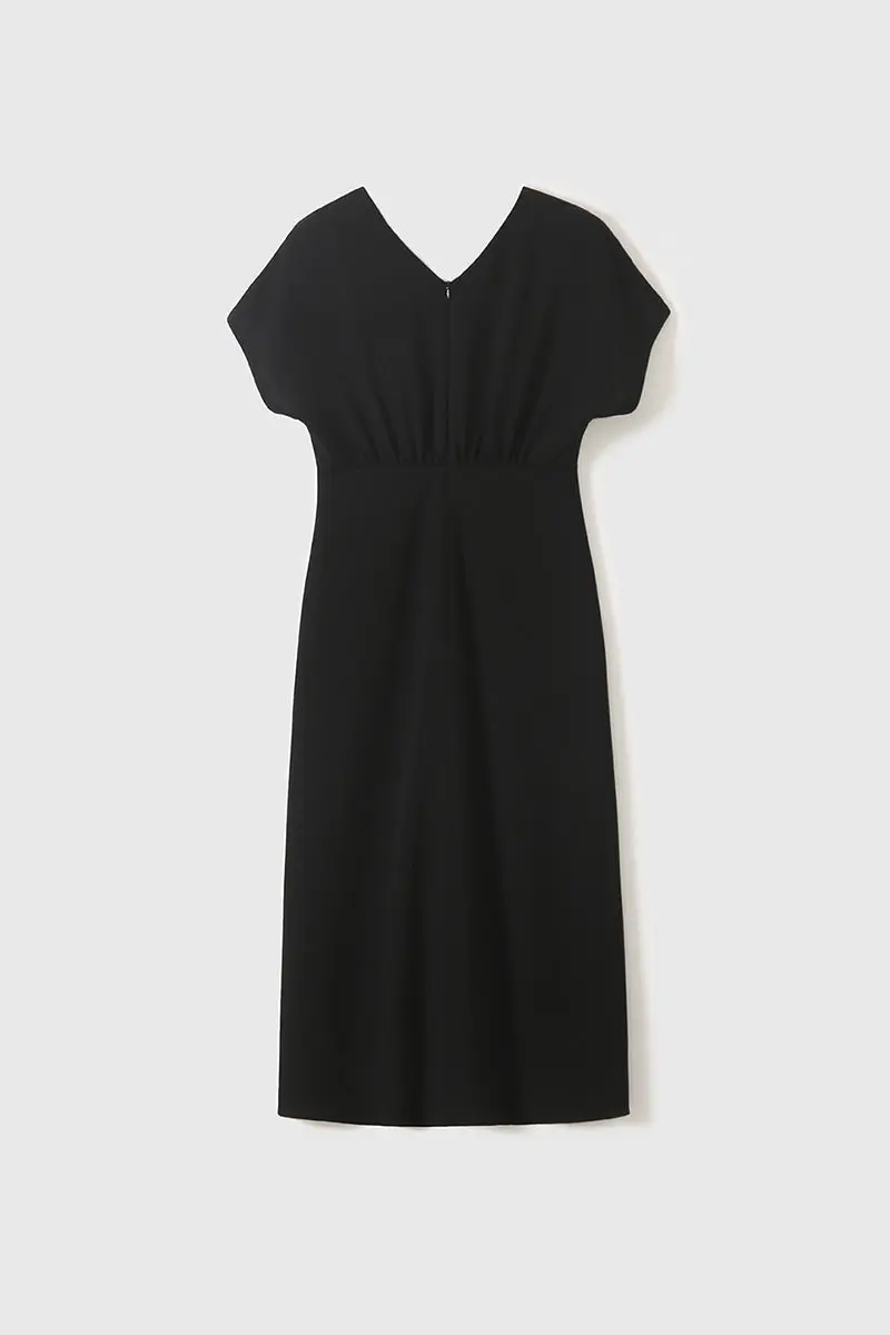 Black Triacetate V-Neck Gathered Waist Midi Dress - HBQMJX