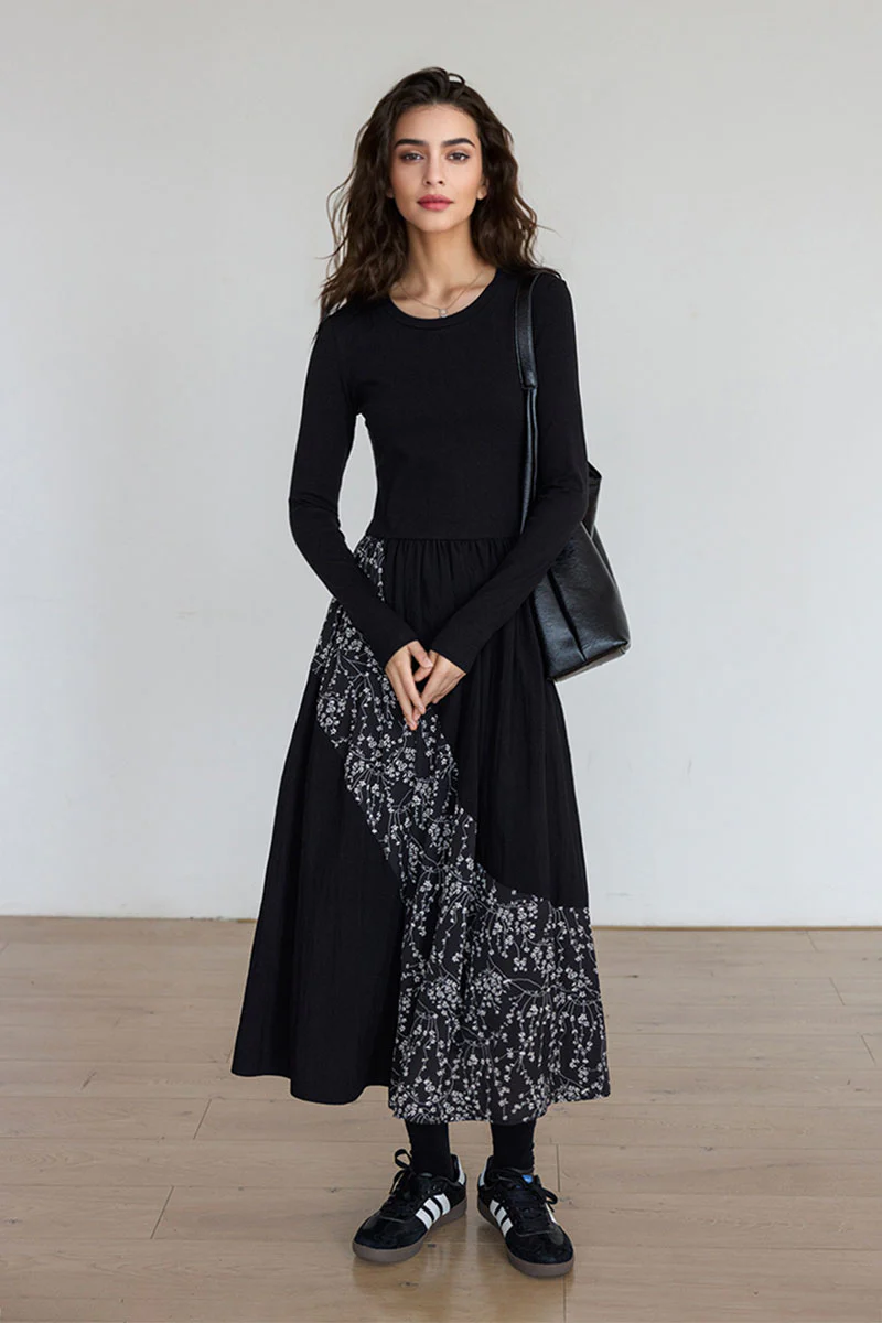 Fit & Flare Long-Sleeve Midi Dress with Flower Patchwork - HBQMJX