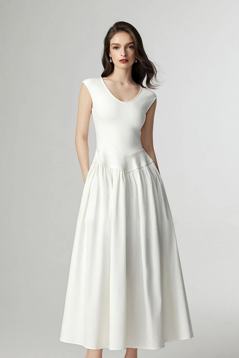White Fit & Flare Cap-Sleeve Scoop-Neck Midi Dress - HBQMJX
