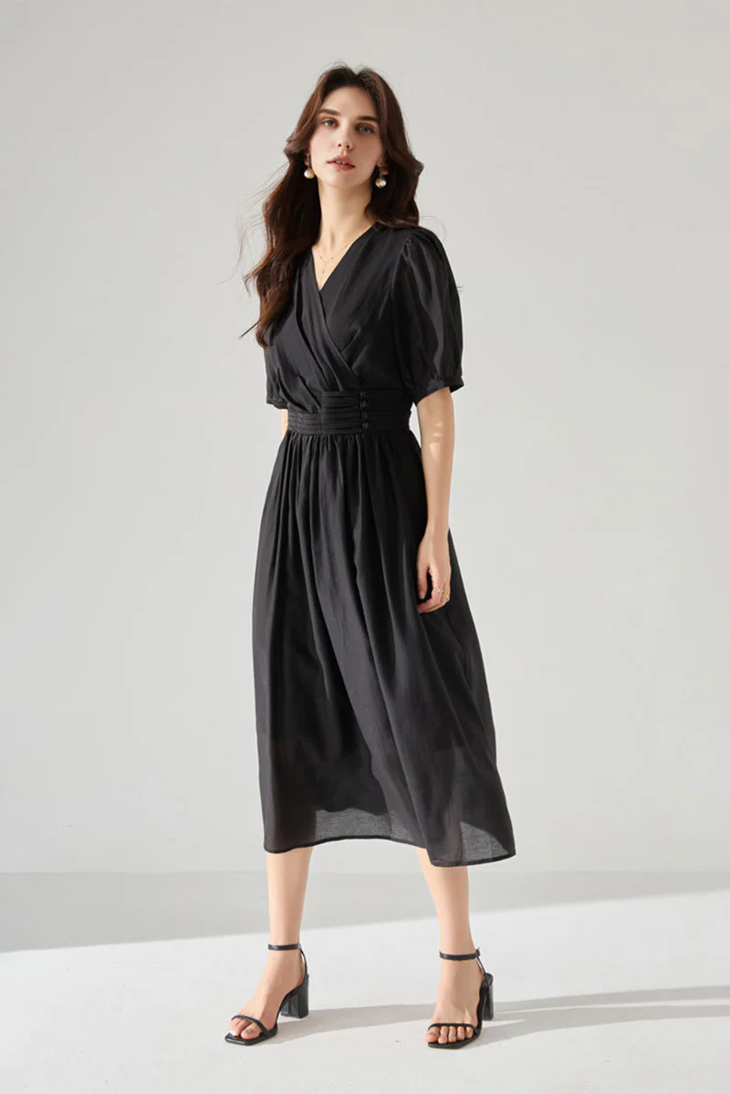 Sheer Tencel A-Line Midi Wrap Dress with Button Detail in Black - JIEEQQ