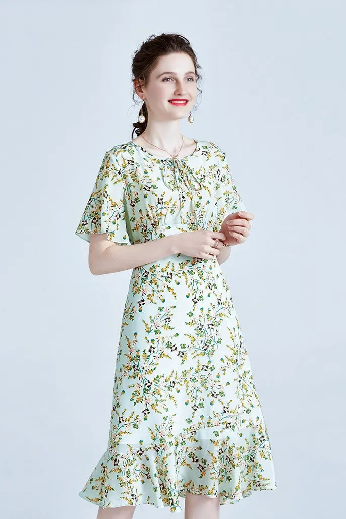 100 Mulberry Silk Short Sleeve Floral Midi Dress - HBQMJX