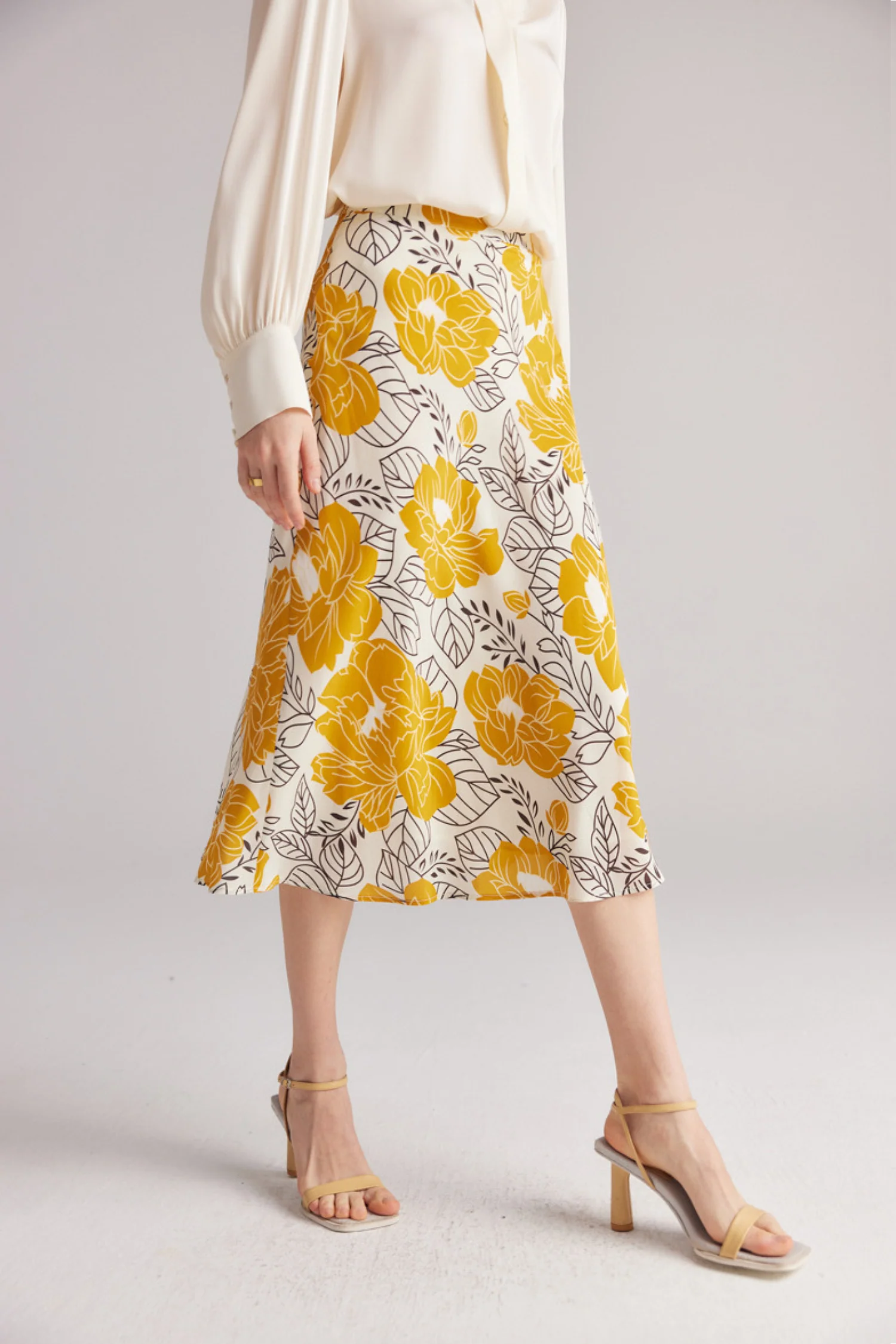 High Waisted A-Line Silk Floral Midi Skirt - HBQMJX