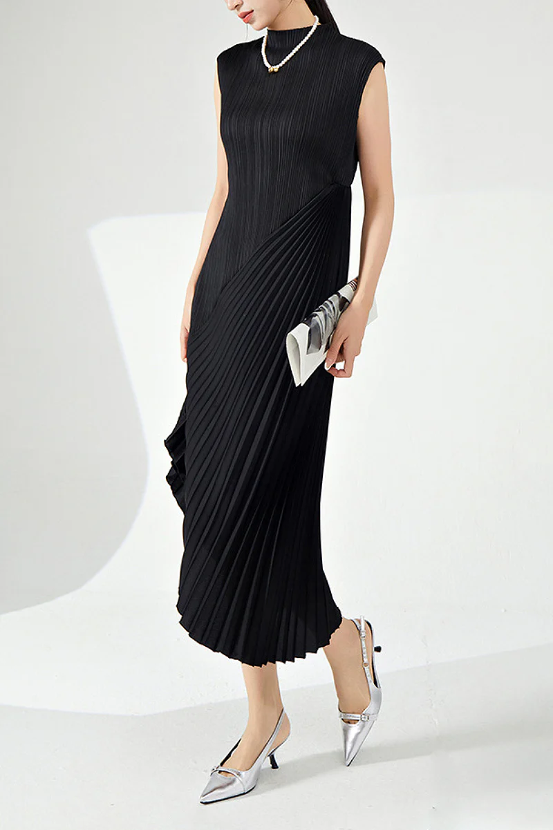 Designer Inspired Pleated Asymmetrical Sleeveless Midi Dress - HBQMJX