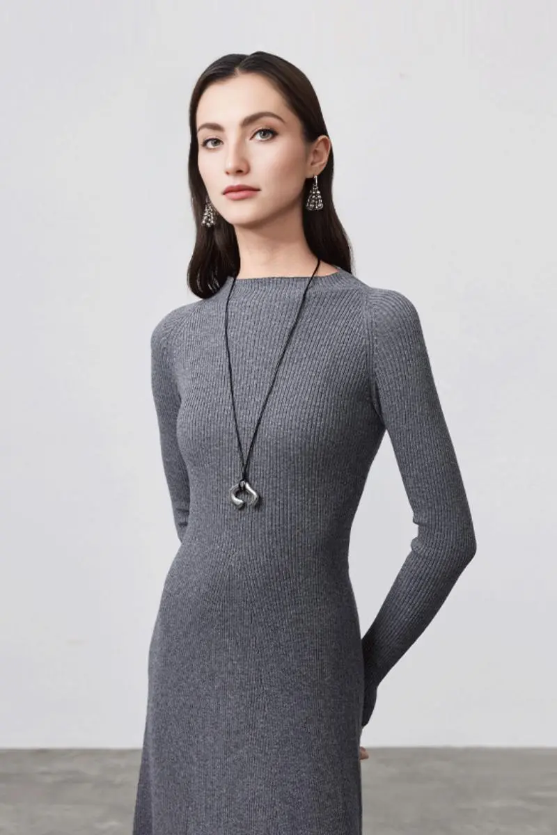 Machine Washable Merino Wool Fit & Flare Midi Sweater Dress with Belt - HBQMJX