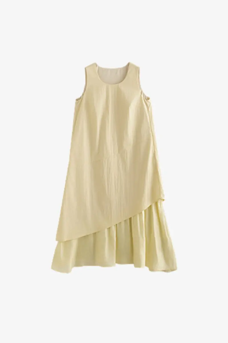 Yellow Flowy Asymmetrical Sleeveless Trapeze Midi Dress - HBQMJX