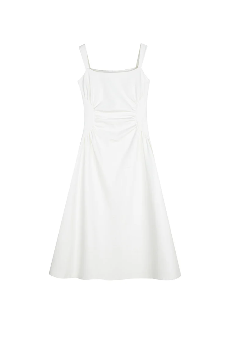 Square Neck Midi Dress with Pleated Waist - HBQMJX