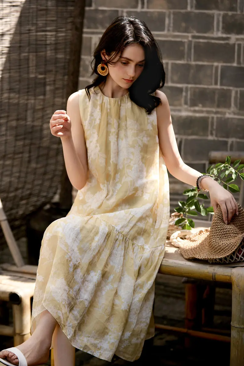 Ramie Floral Tiered Sleeveless Trapeze Midi Dress - HBQMJX