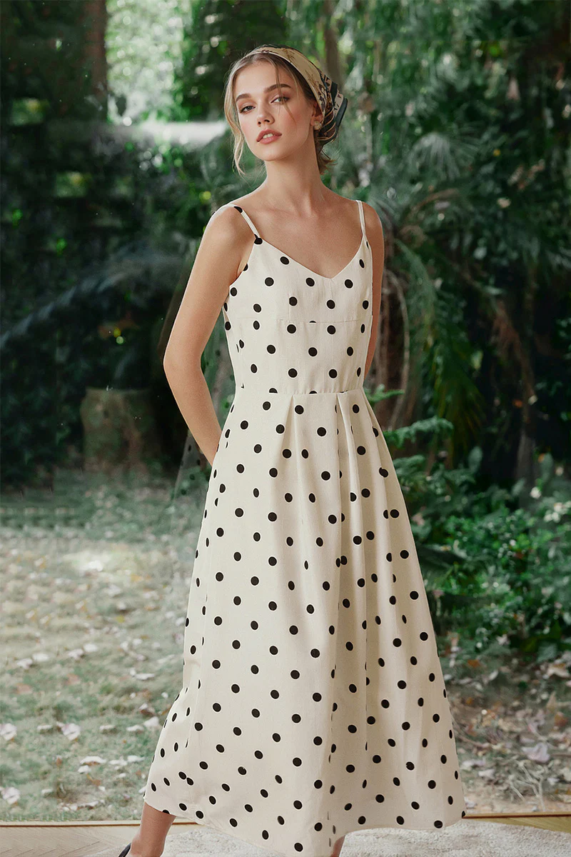 White Polka-Dot Spaghetti-Strap Midi Dress - HBQMJX