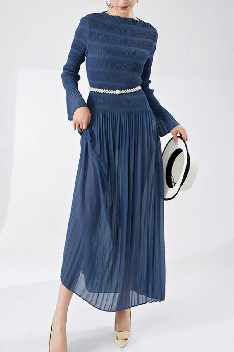 Designer Inspired Pleated Long Sleeve Smocked Maxi Dress in Slate Blue - HBQMJX