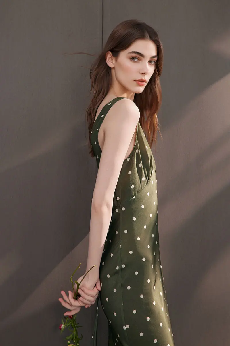 100 Silk Polka Dot Bias-Cut Midi Dress in Olive Green - HBQMJX