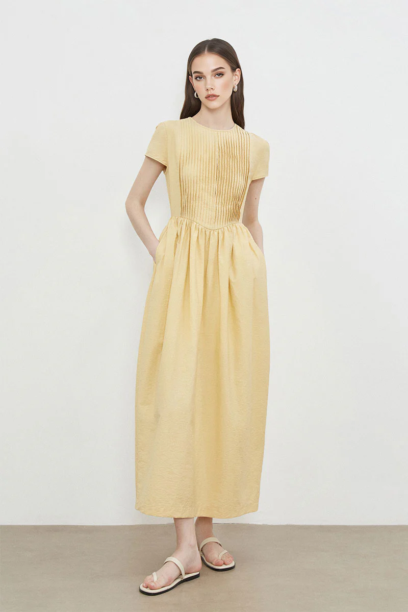 Yellow Long-Staple Cotton Midi Dress with Front Pleat - HBQMJX