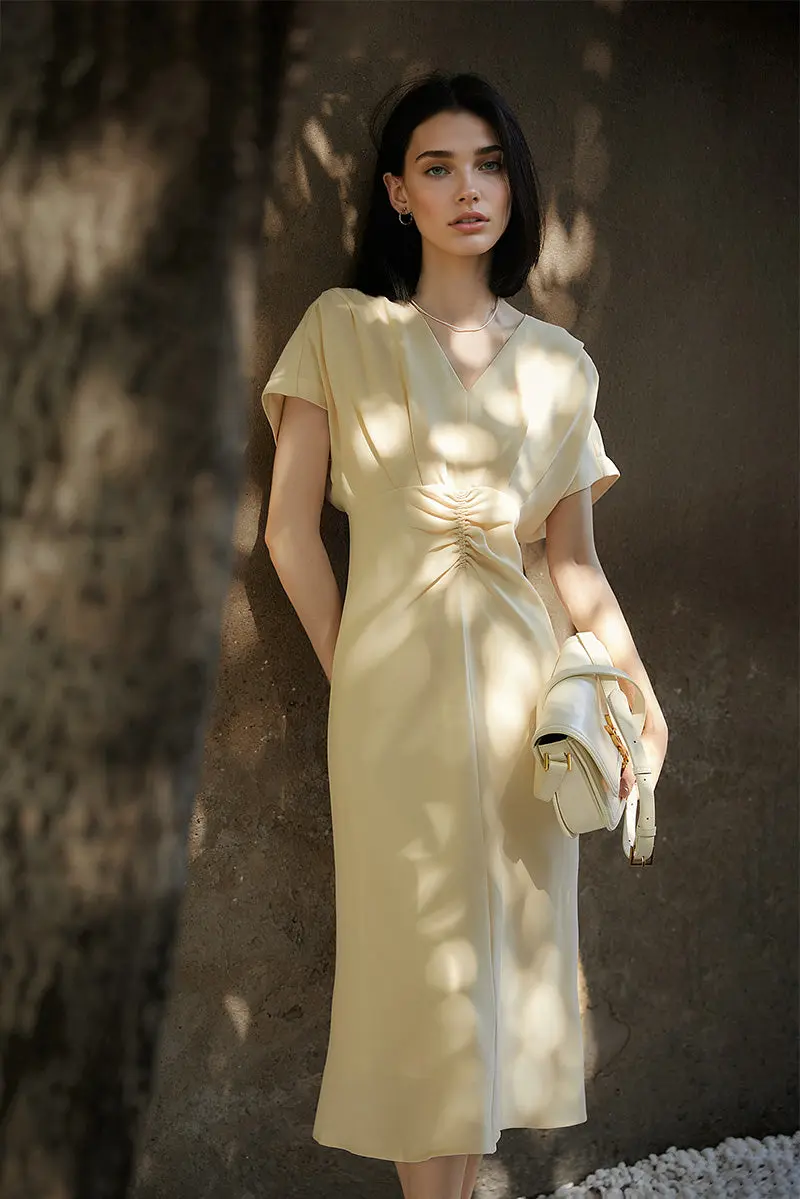 Yellow Triacetate V-Neck Gathered Waist Midi Dress - HBQMJX