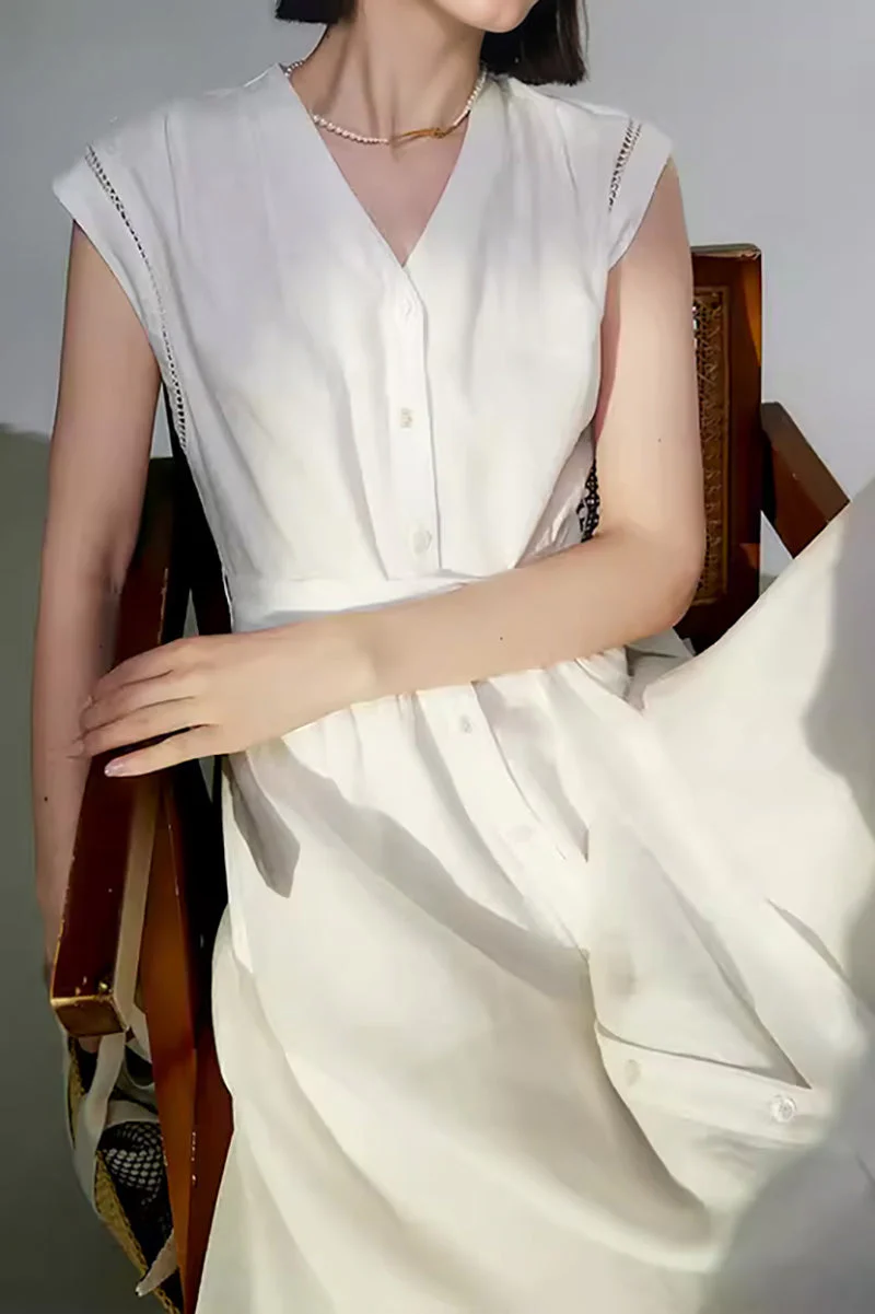 White 100 Linen Cap-Sleeve Button-Front Belted Midi Dress - HBQMJX