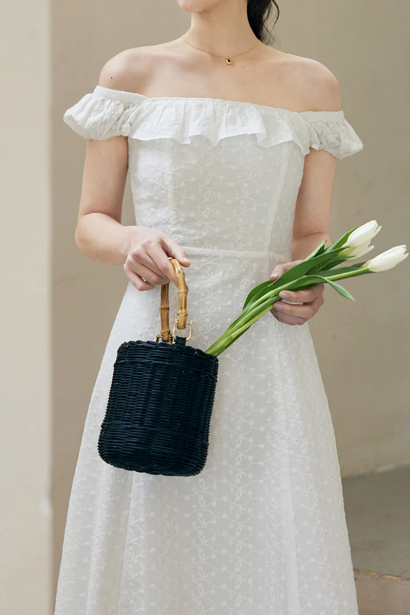 White Cotton Embroidery Off-Shoulder Midi Dress - HBQMJX