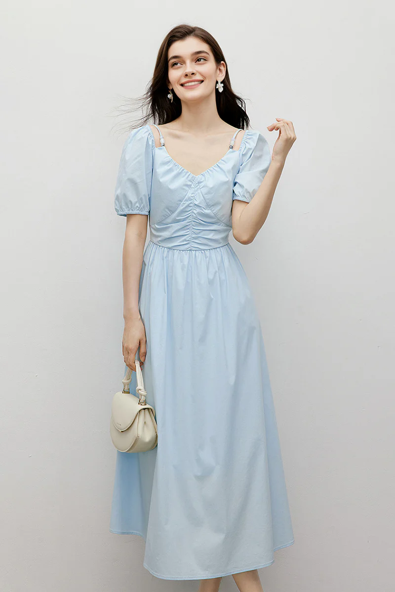 Baby Blue V-Neck Beaded Strap Midi Dress - HBQMJX