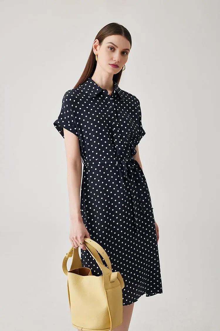 Women's Heavyweight Mulberry Silk Polka Dot Printed Silk Long Dress - HBQMJX