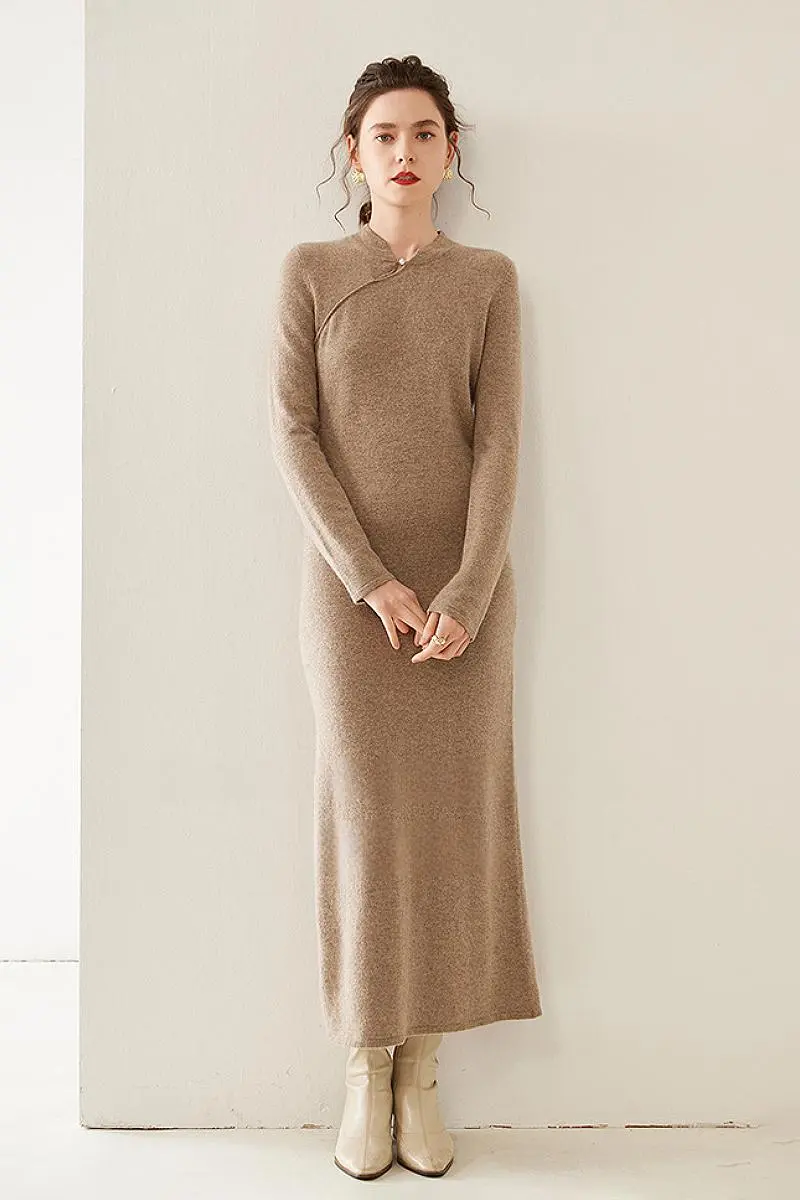 100 Cashmere Midi Sweater Dress with Mandarin-inspired Collar - HBQMJX
