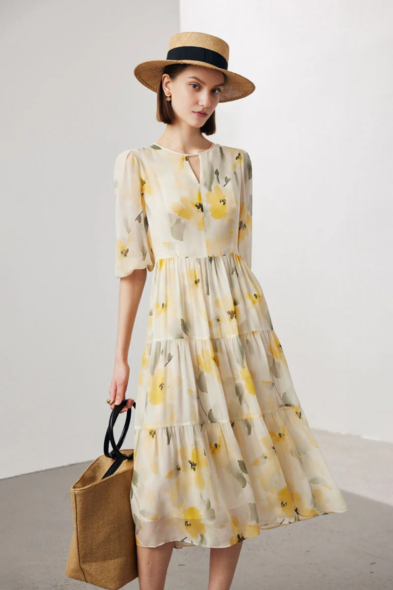 100 Mulberry Silk Floral Balloon-Sleeve Keyhole Tiered Midi Dress - HBQMJX