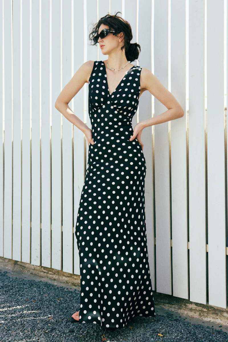 100% Silk Polka Dot V-Neck Crepe Maxi Dress - HBQMJX