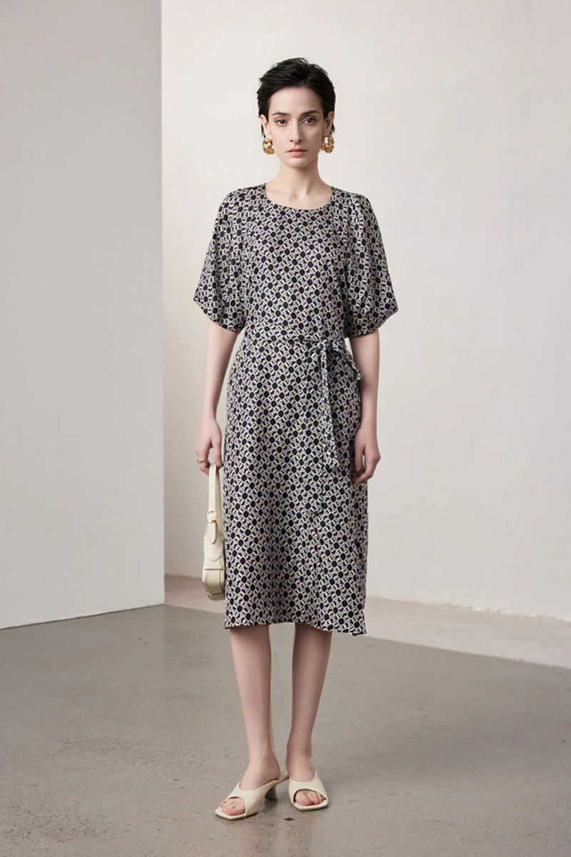 100 Mulberry Silk Chain Print Puff-Sleeve Belted Midi Dress with Pockets - HBQMJX