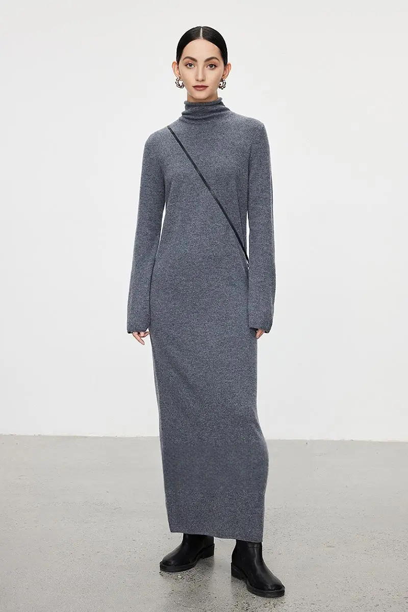 100 Wool Long Sleeve Crewneck Maxi Sweater Dress - HBQMJX