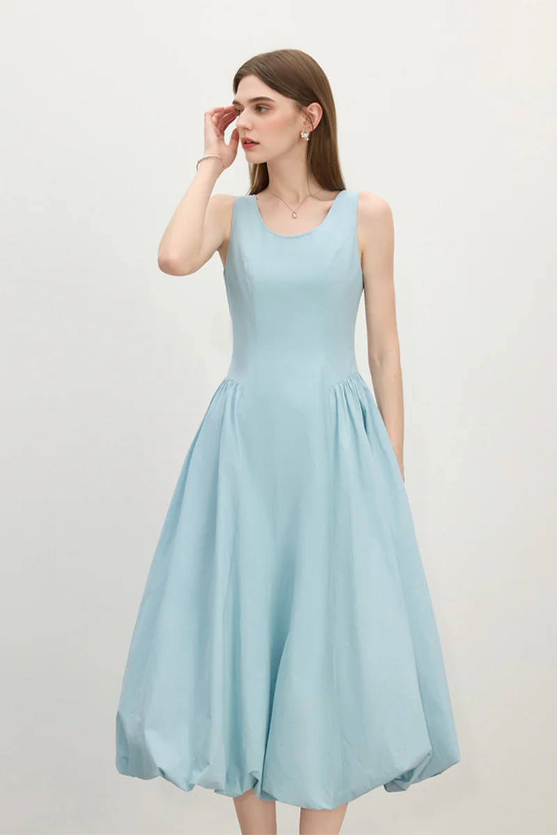 Baby Blue 100 Cotton Sleeveless Scoop-Neck Bubble Midi Dress - HBQMJX