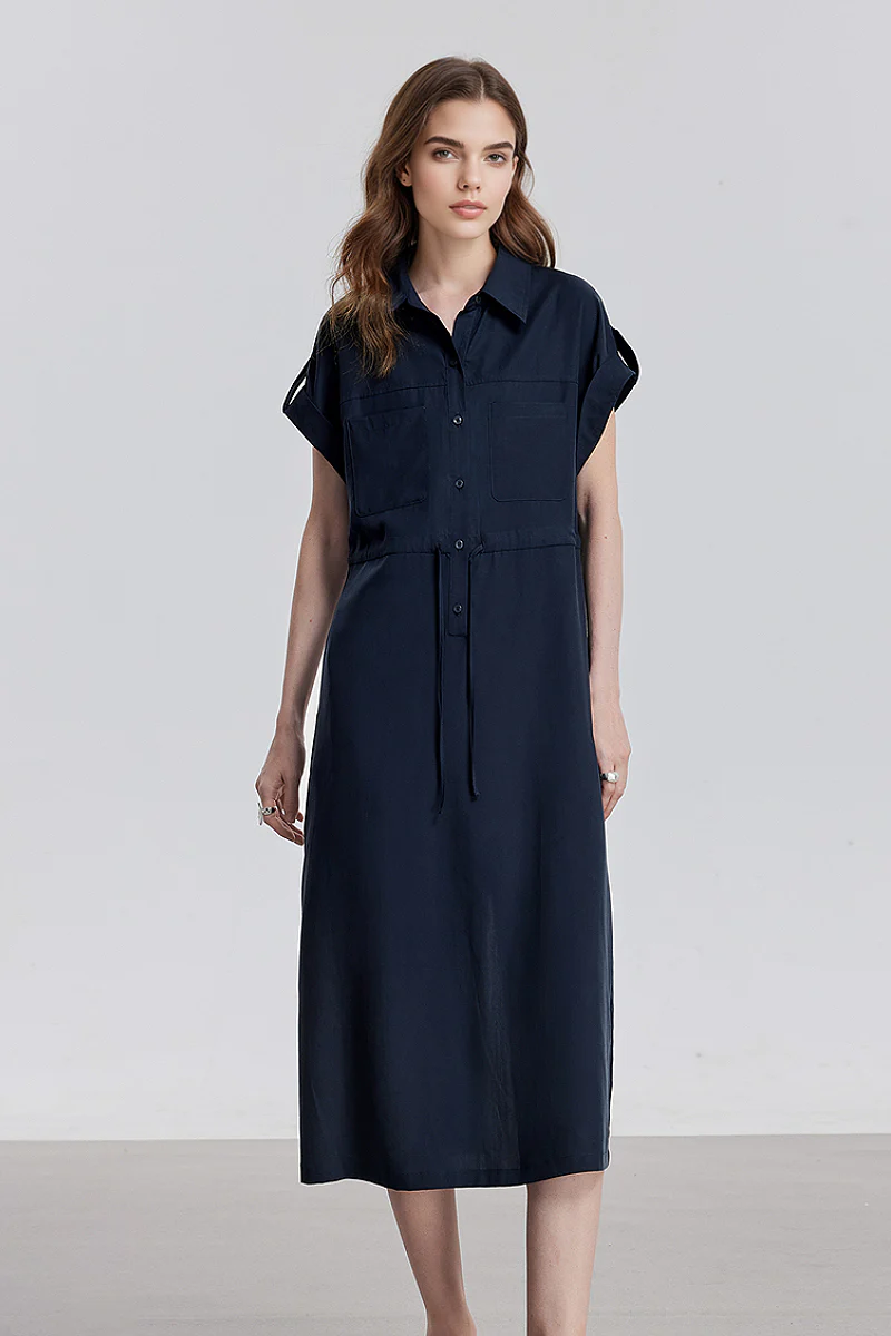 Blue Cap-Sleeve Shirt Midi Dress WIth Belt - HBQMJX