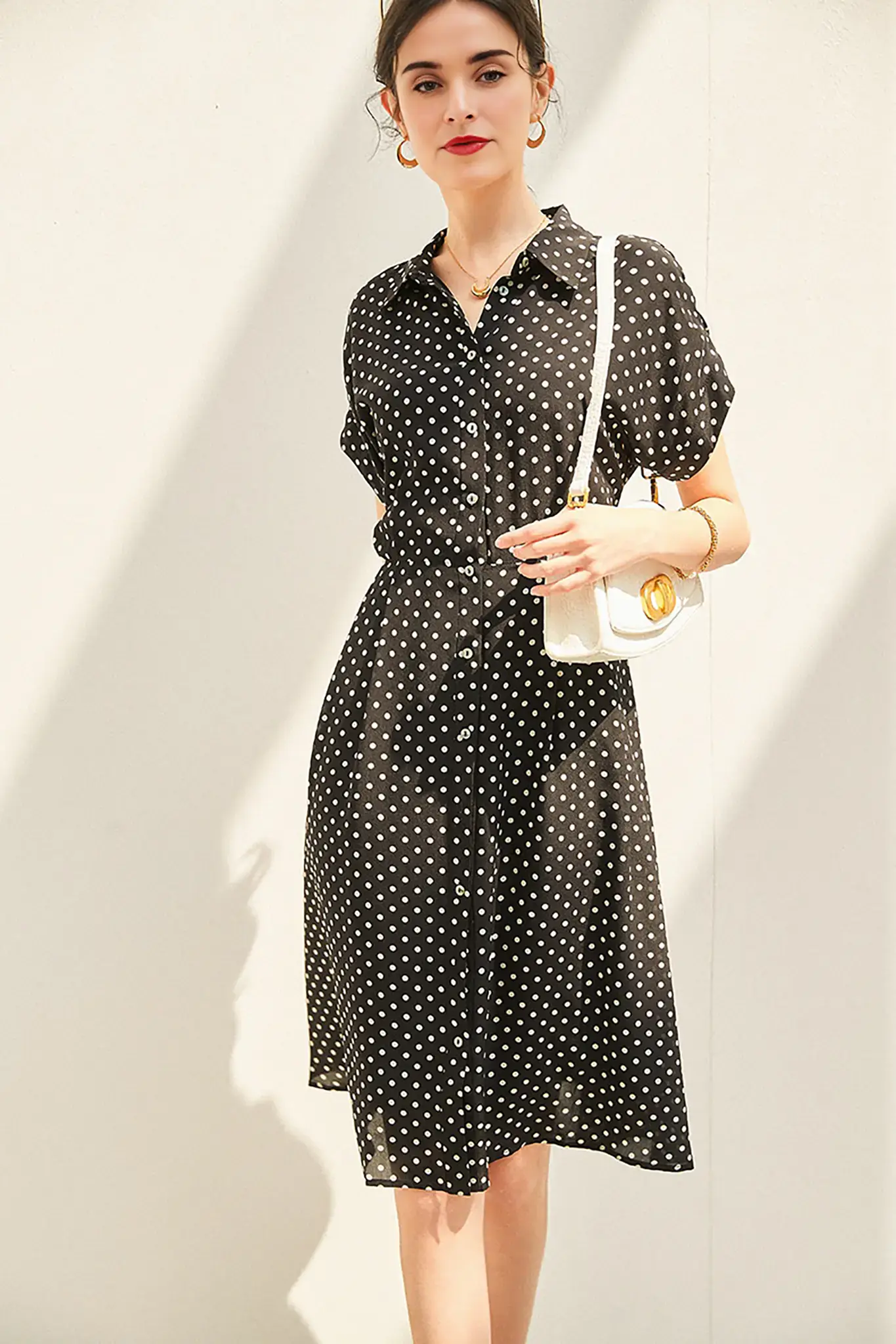 Women's Heavyweight Mulberry Silk Polka Dot Printed Silk Long Dress - HBQMJX