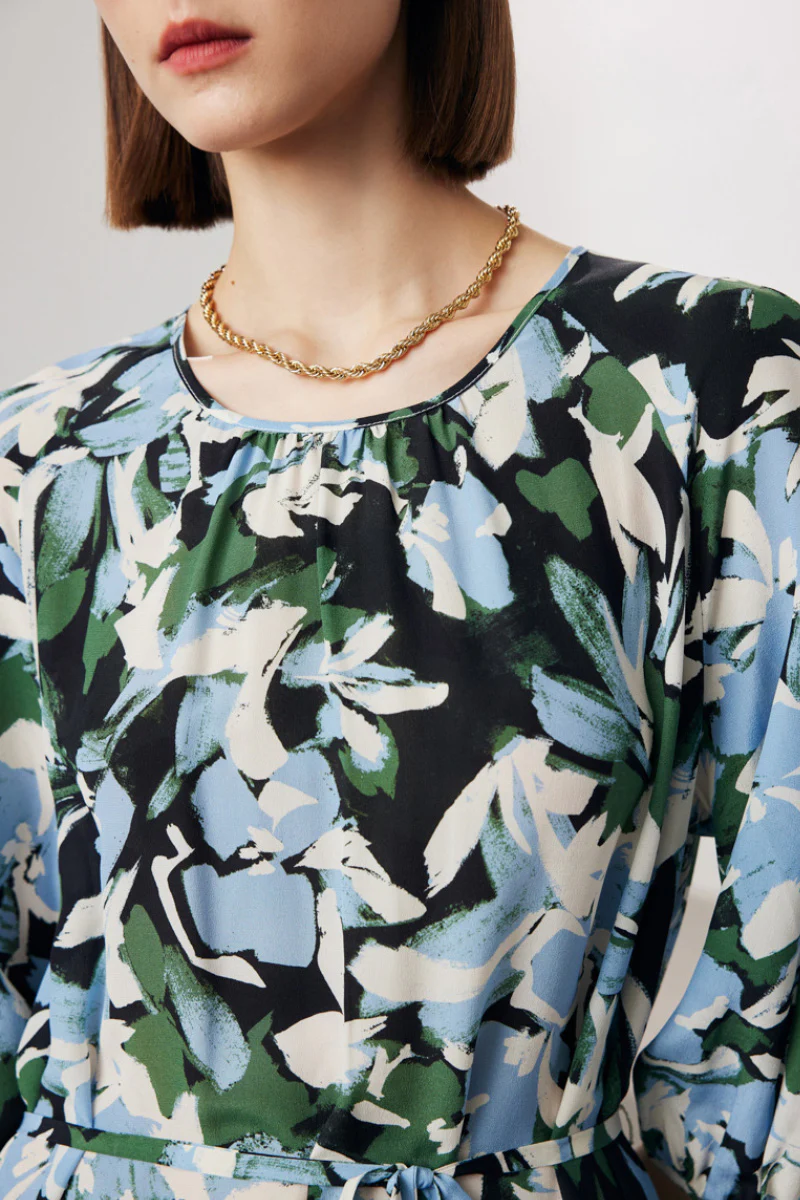 100 Mulberry Silk Floral Balloon-Sleeve Tie-Waist Midi Dress with Pockets - HBQMJX