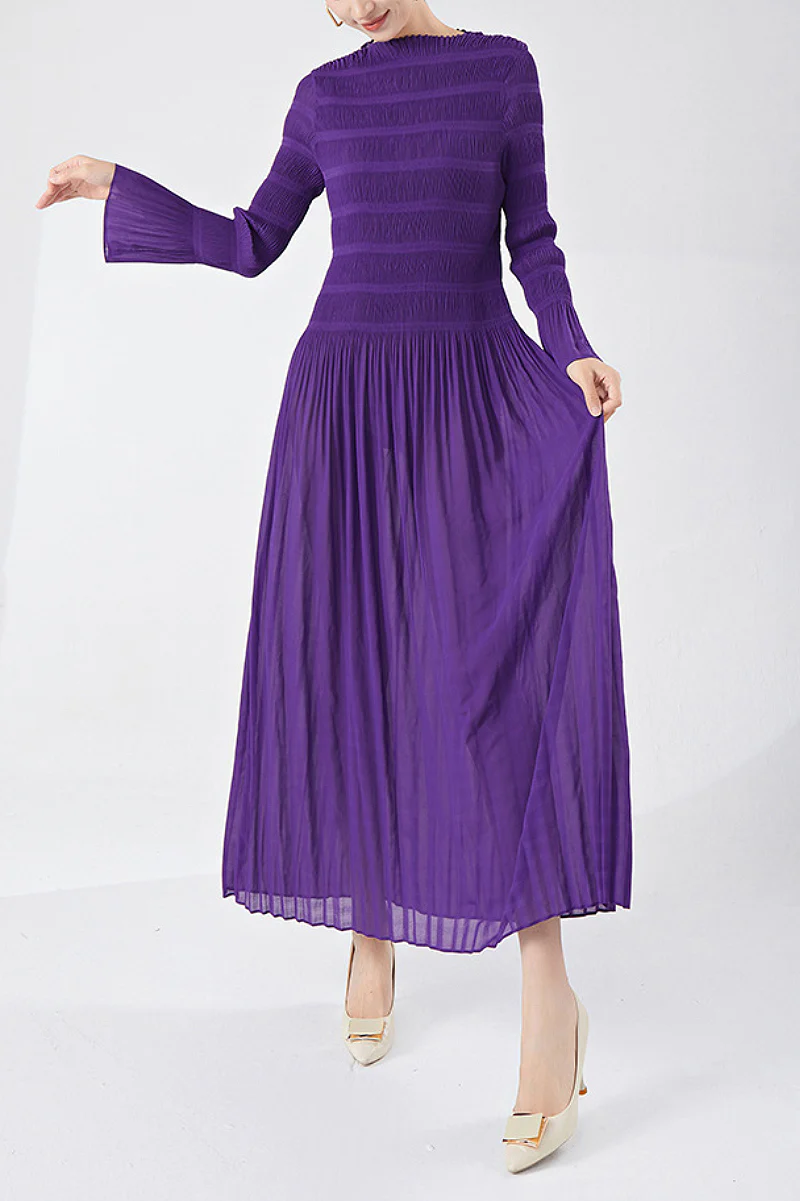 Designer Inspired Pleated Long Sleeve Smocked Maxi Dress in Purple - HBQMJX