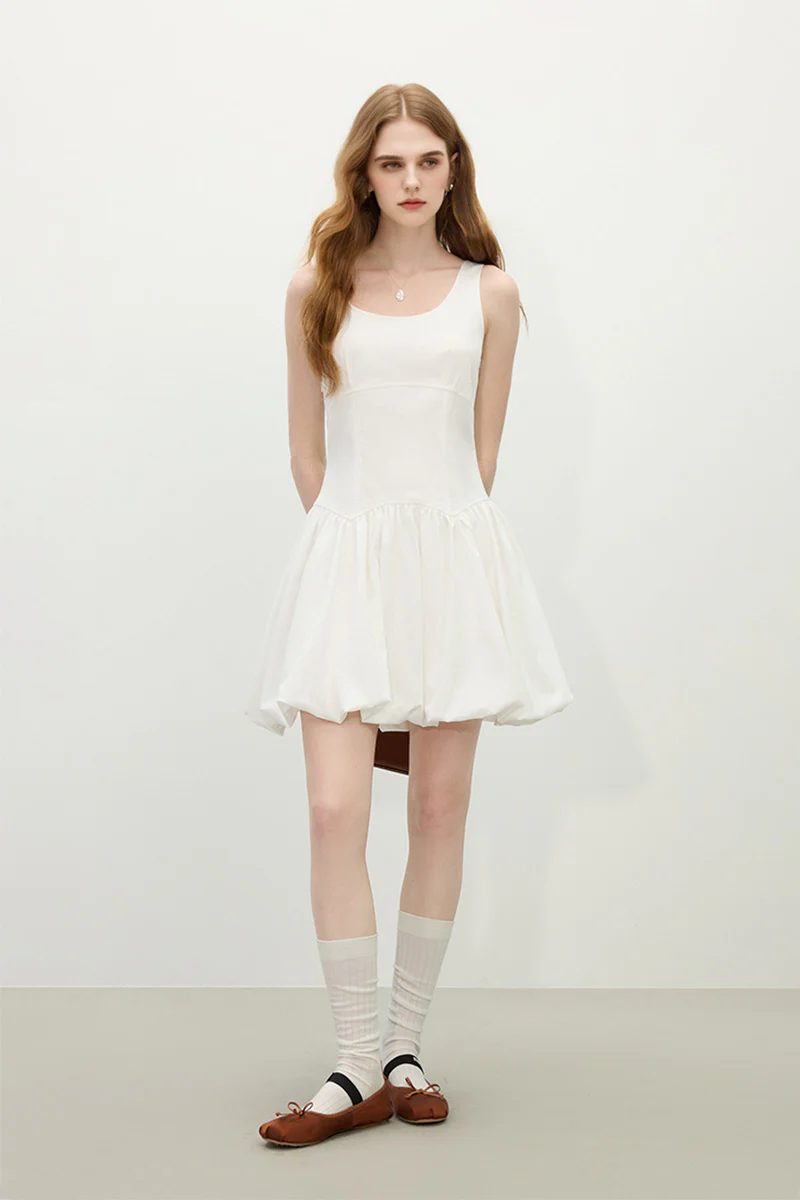 White Sleeveless Scoop-Neck Bubble Mini Dress - HBQMJX