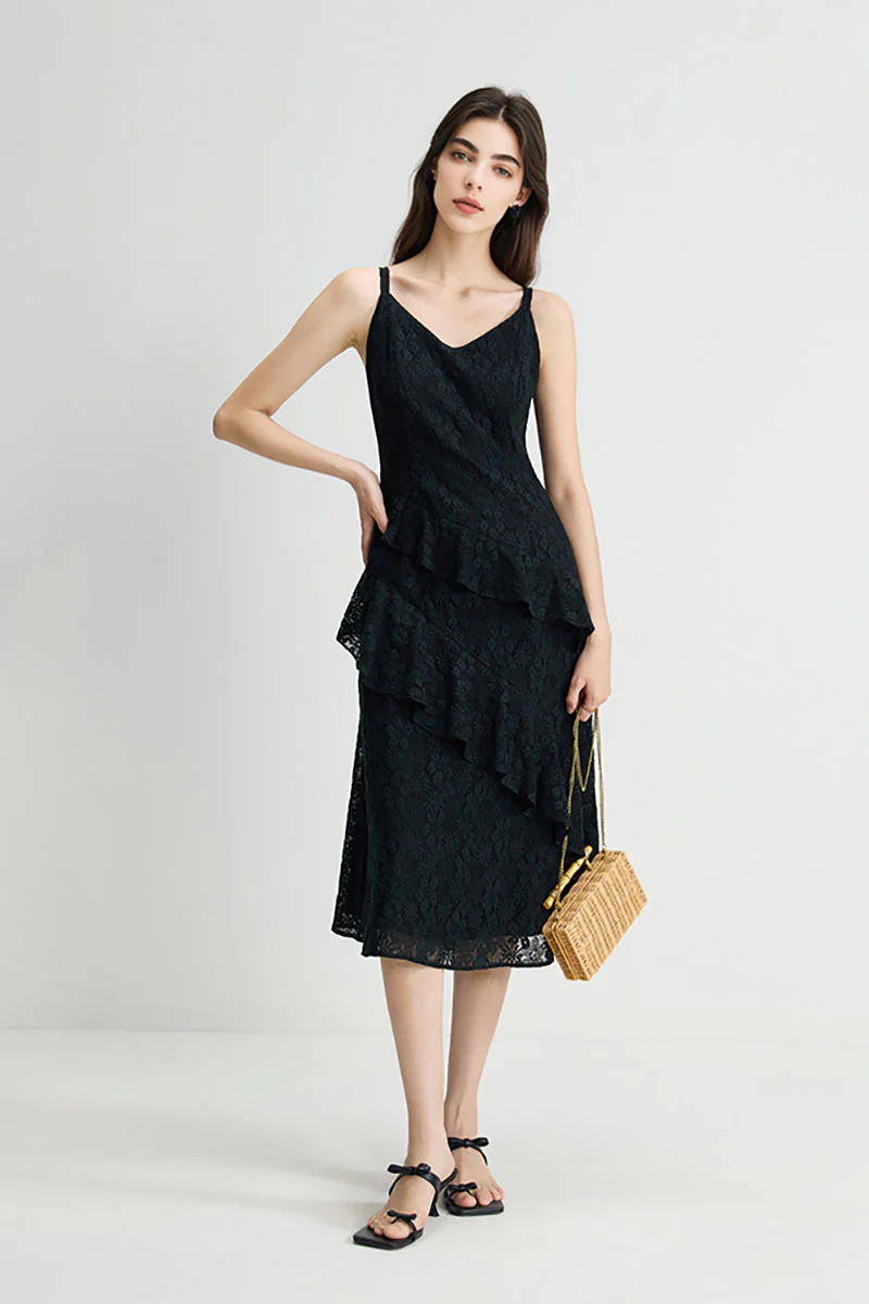 Black Lace Tiered Sleeveless V-Neck Midi Dress - HBQMJX