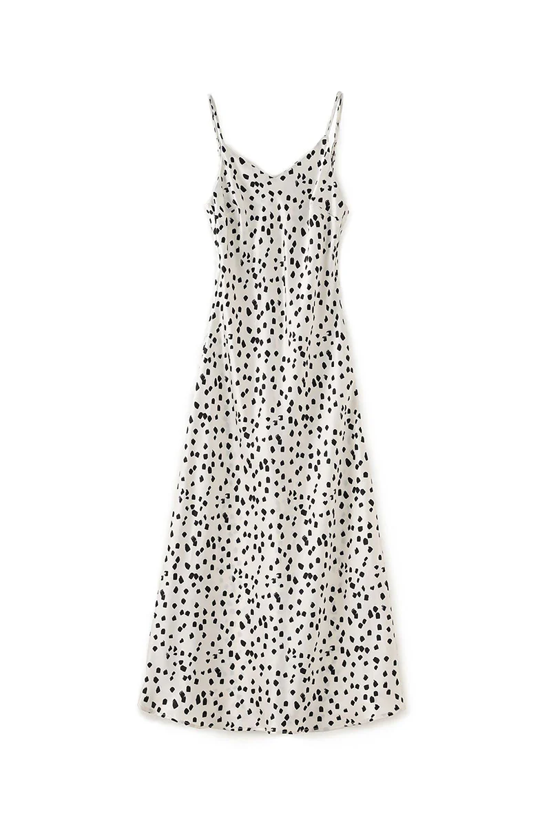 Satin Printed V-Neck Midi Slip Dress - HBQMJX