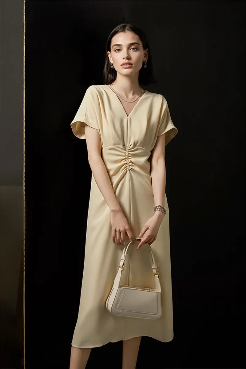 Yellow Triacetate V-Neck Gathered Waist Midi Dress - HBQMJX