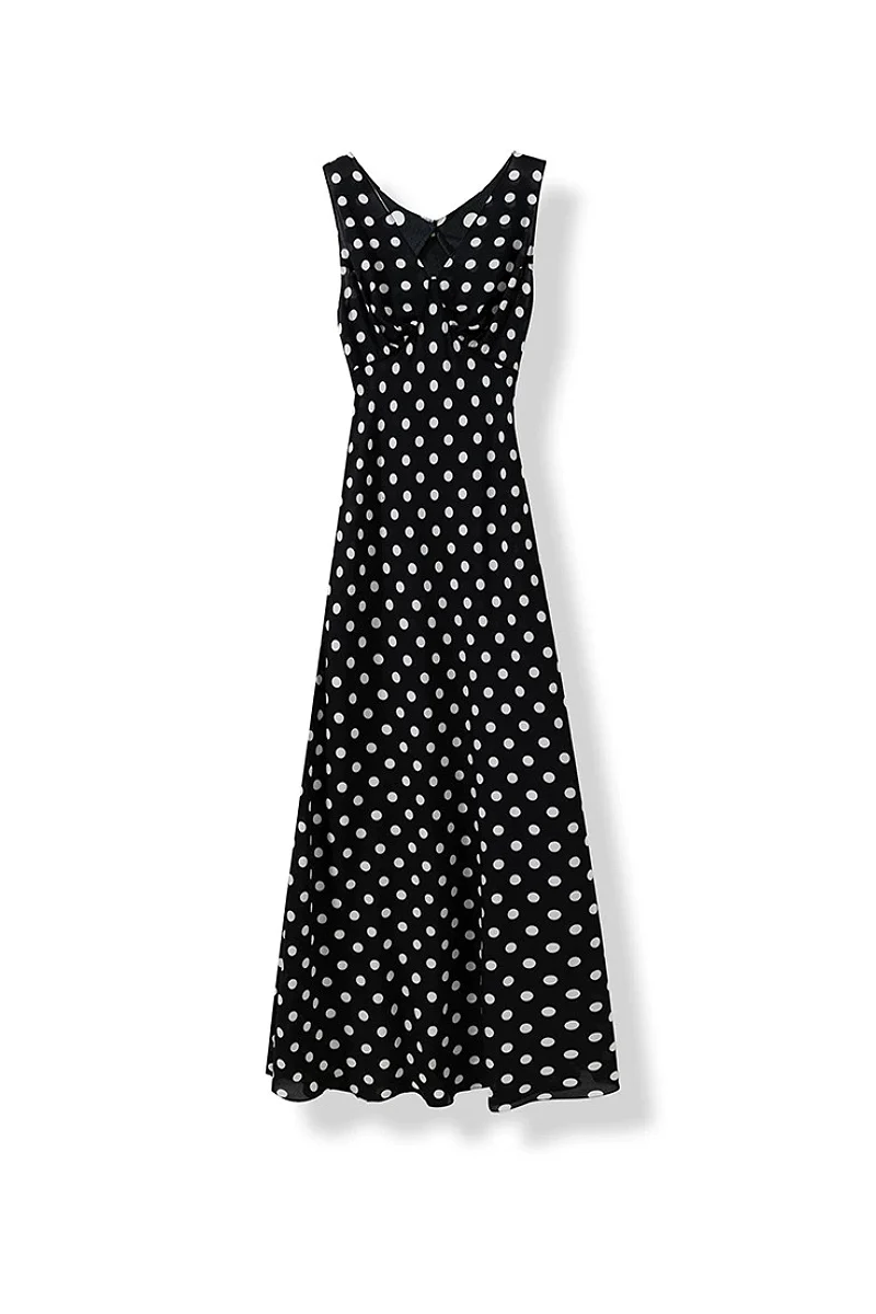 100% Silk Polka Dot V-Neck Crepe Maxi Dress - HBQMJX