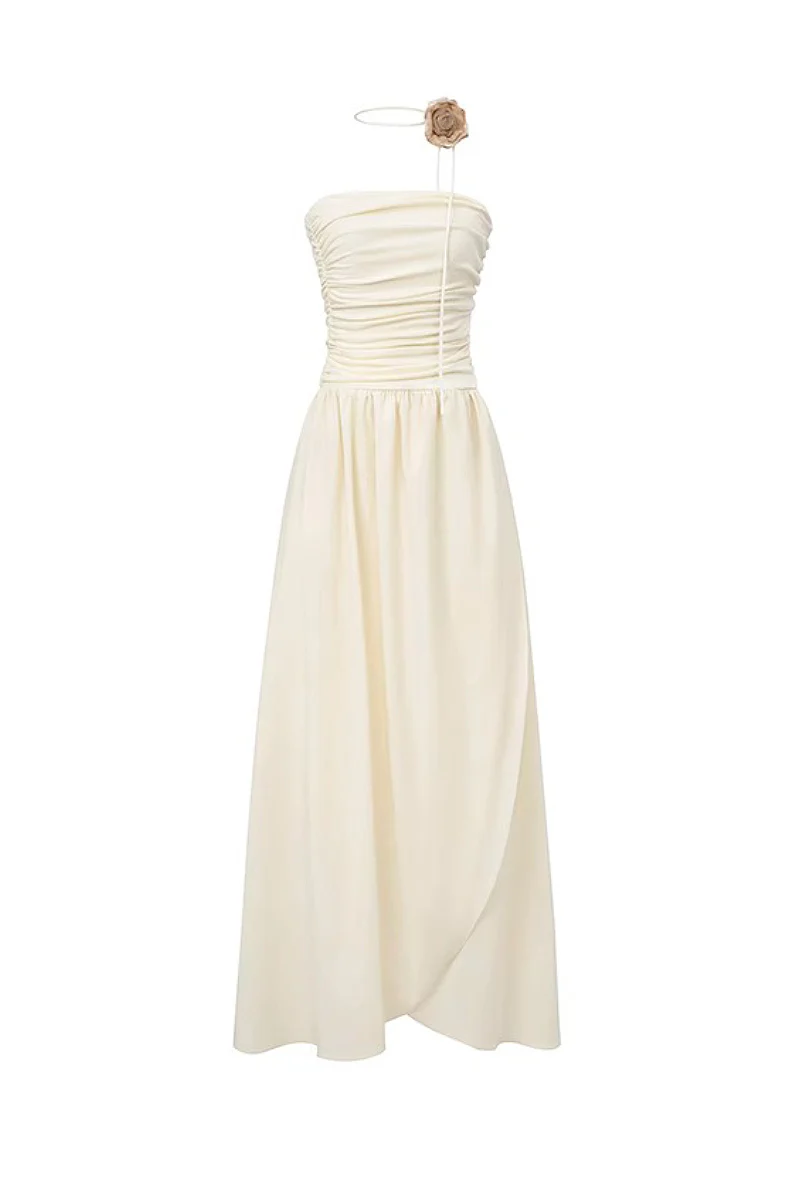 Strapless Ruched Maxi Dress With Asymmetrical Hem - HBQMJX