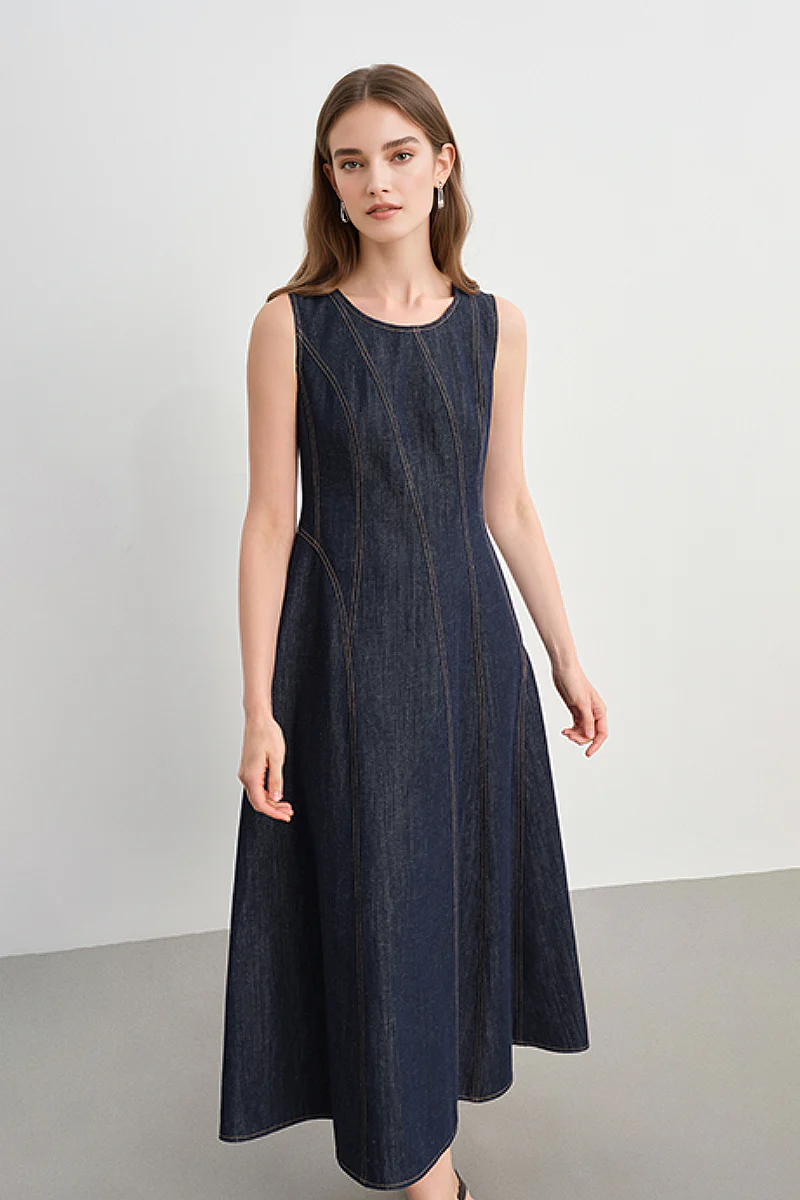 Denim Sleeveless A-Line Midi Dress - HBQMJX