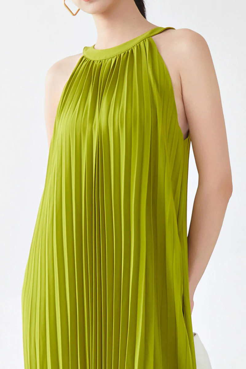Designer Inspired Pleated Flowy Halter-Neck Midi Dress in Lime Green - HBQMJX