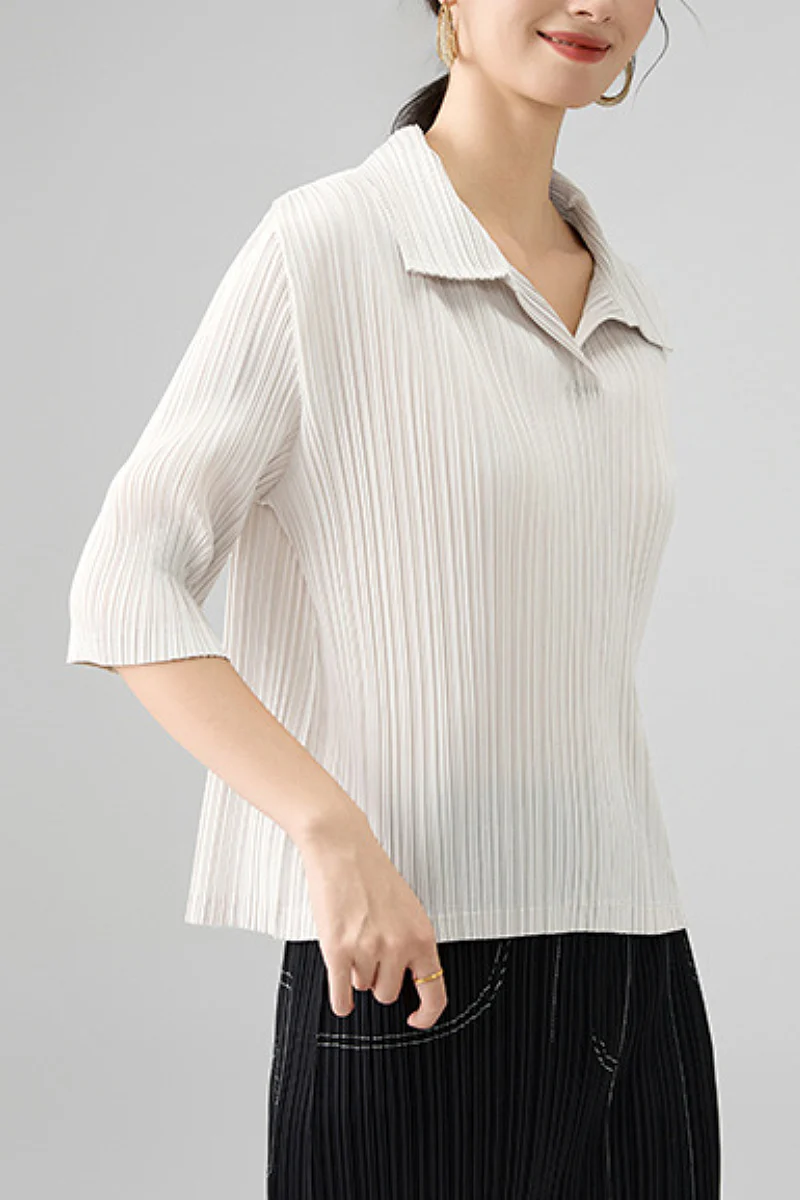 Designer-Inspired Pleated Elbow-Sleeve Polo Shirt - HBQMJX