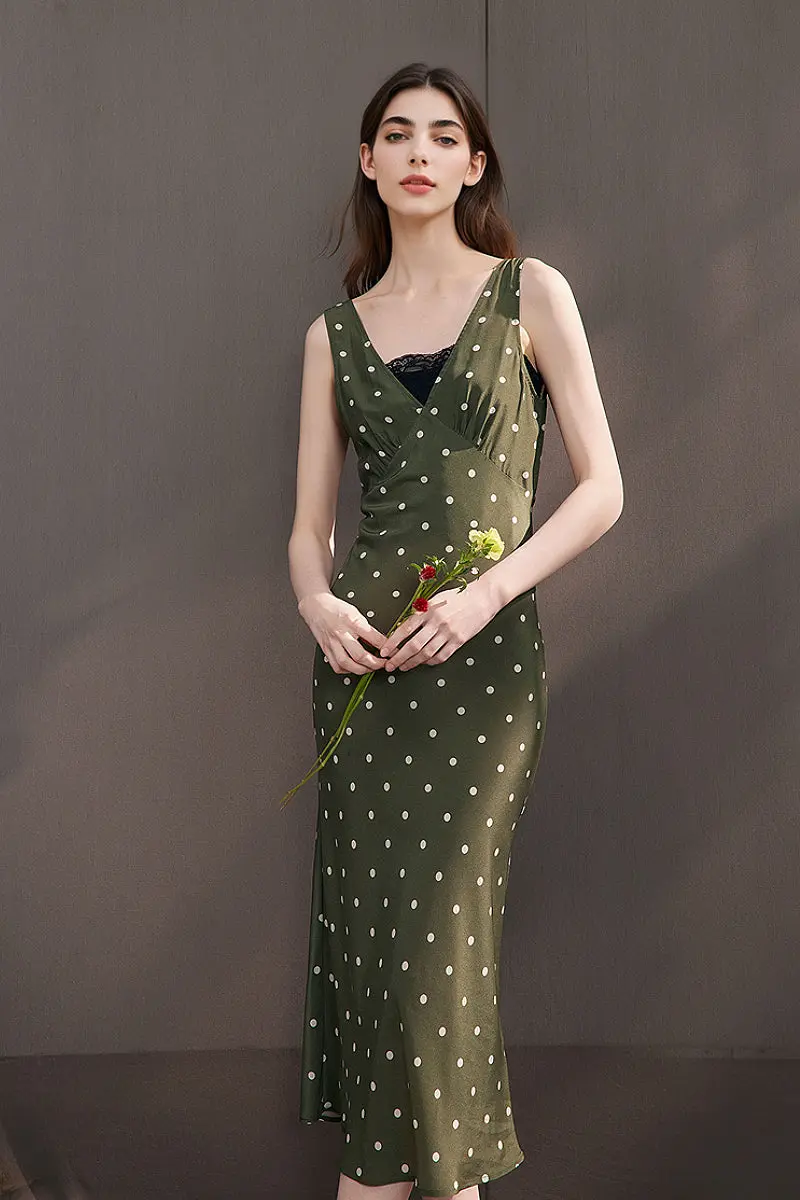 100 Silk Polka Dot Bias-Cut Midi Dress in Olive Green - HBQMJX