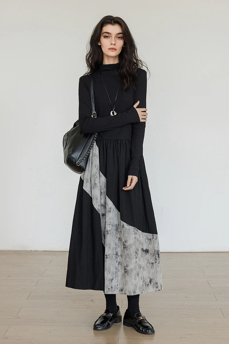 Fit & Flare Long-Sleeve Midi Dress with Lace Patchwork - HBQMJX