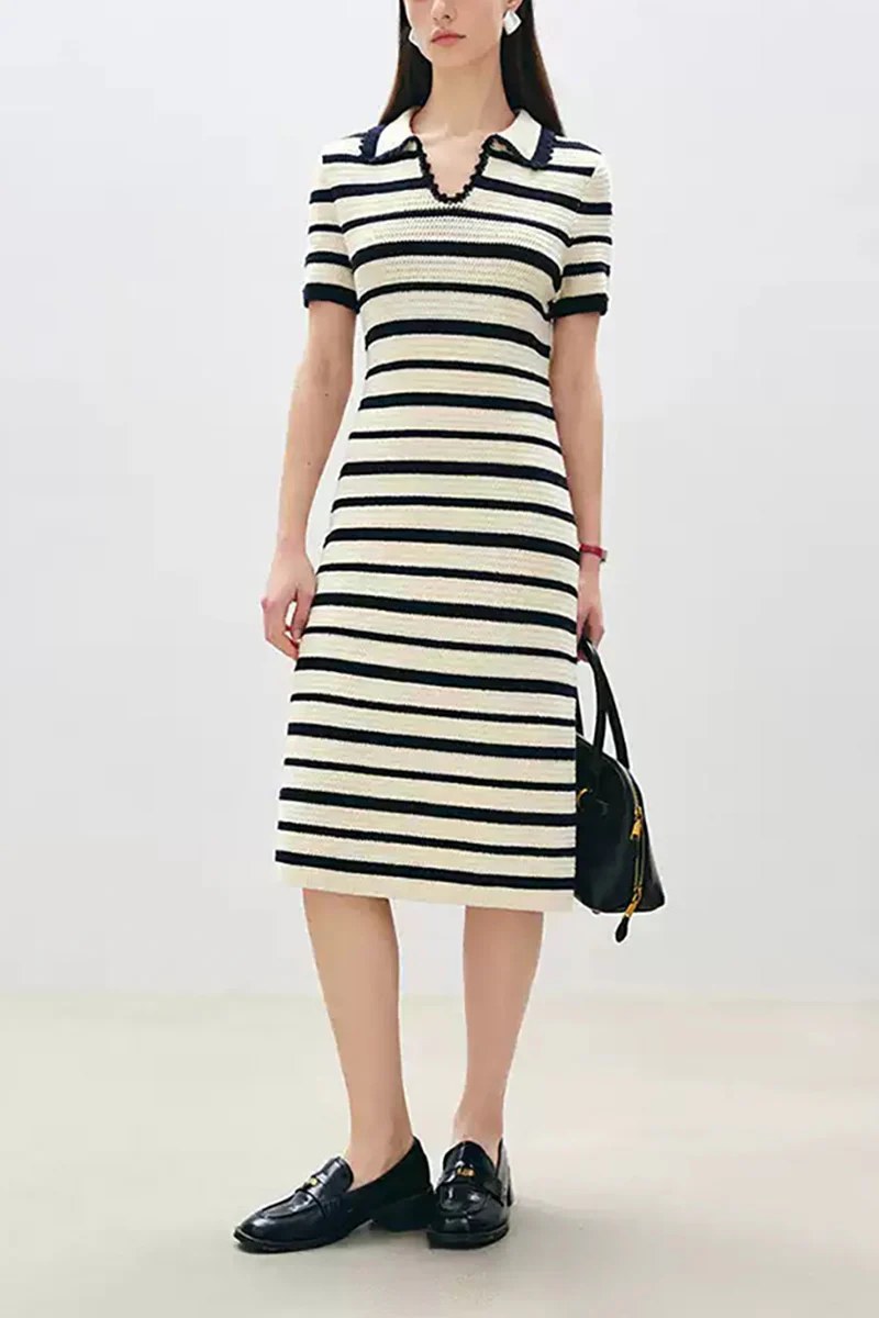 Crochet Black & White Striped Polo Midi Dress - HBQMJX