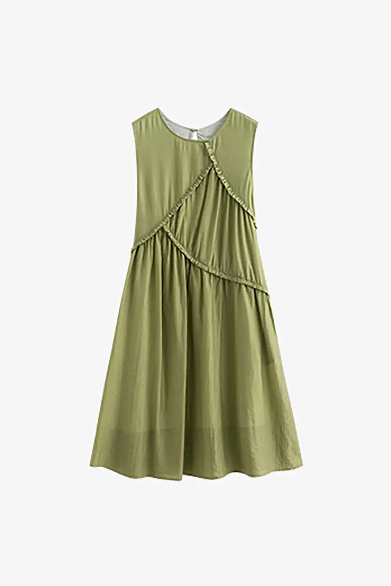 Sage Green Lyocell Sleeveless Ruffle-Detail Midi Dress - HBQMJX