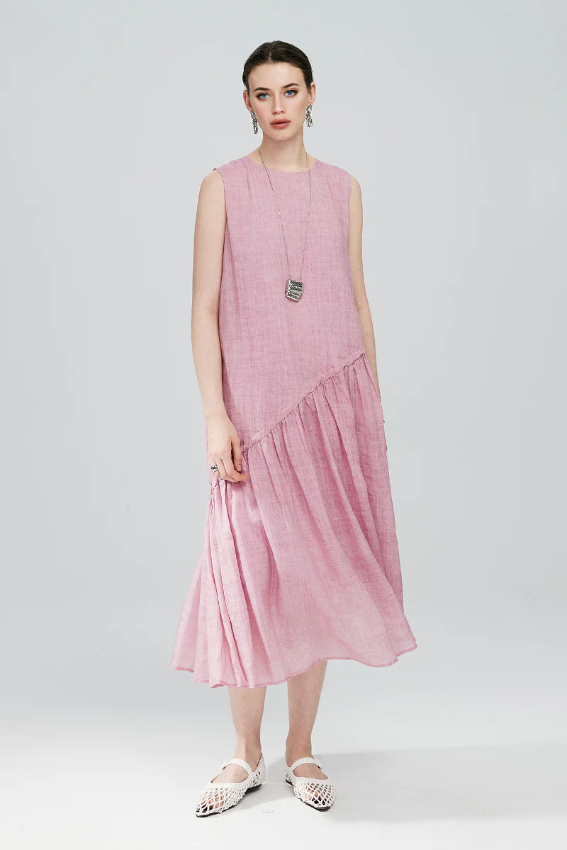 Pink Cotton-Linen Tiered Swing Beach Tank Midi Dress - HBQMJX