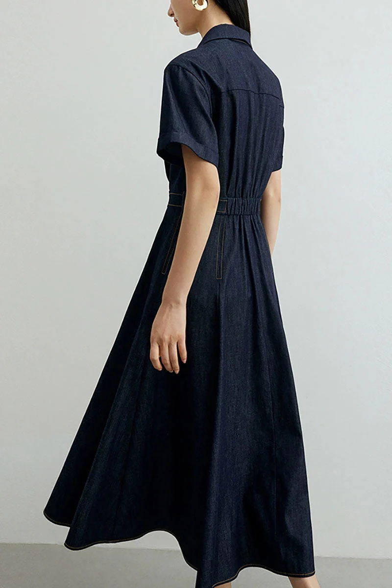Tencel Denim Short-Sleeve Button-Up Midi Shirt Dress - HBQMJX