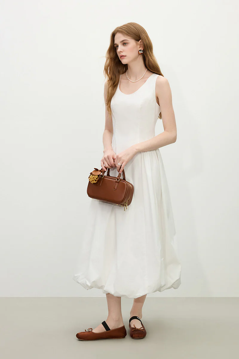 White 100 Cotton Sleeveless Scoop-Neck Bubble Midi Dress - HBQMJX